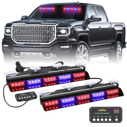 XRIDONSEN 2x 17 inch Emergency Dash Police Lights 40 LED Red Blue Police Light Bar Interior Front/Rear Windshield Strobe Lights Safety Warning Hazard Caution w/Suction Cups for Vehicles Trucks Car - color: Red/Blue
