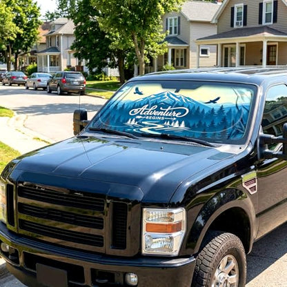 63"x28.5" Car Windshield Sun Shade with Storage Pouch, Stylish Printed Front Window Sunshade with Double Ring Frame, Universal Fit Foldable Heat Blocker & UV Protector for SUV, Sedan (Adventure-Peak) - color: Adventure-Peak