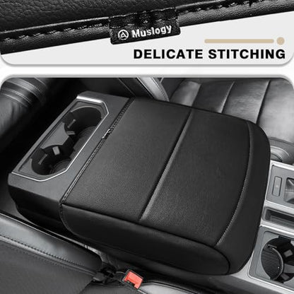 Muslogy Center Console Armrest Cover Fit for Ford F150 2021-2025 2026 Accessories, Comfort Armrest Pad Console Lid Cushion Vegan Leather Regular Thick(Bucket Seat ONLY) - size: 2) 21-25 |F150| Bucket Seat, Regular