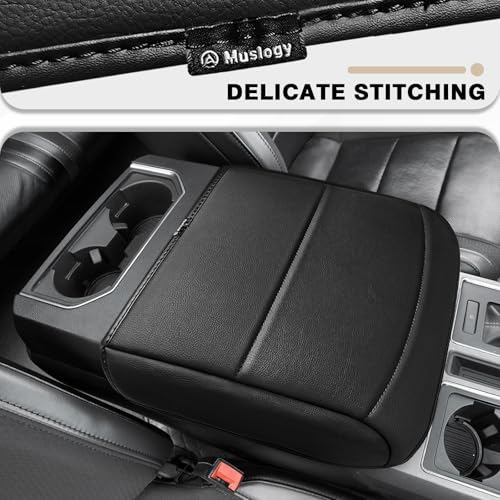 Muslogy Center Console Armrest Cover Fit for Ford F150 2021-2025 2026 Accessories, Comfort Armrest Pad Console Lid Cushion Vegan Leather Regular Thick(Bucket Seat ONLY) - size: 2) 21-25 |F150| Bucket Seat, Regular