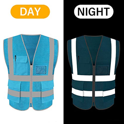 HYCOPROT High Visibility Mesh Safety Reflective Vest with Pockets and Zipper, Meets ANSI/ISEA Standards - color: Skyblue, size: Medium