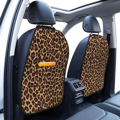 Leopard Print Car Seat Back Protectors 2 Pack – Large Kick Mats with Storage Pockets, Universal Fit for Most Vehicles