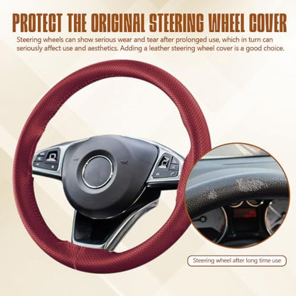 Leather Steering Wheel Cover, Lace Up, 15 inch, Wine Red, Universal Car Steering Wheel Protector - color: Wine red, size: 15 inch - Hole