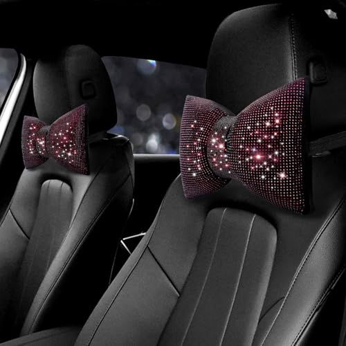 surpassme 2PCS Rhinestone Car Headrest Neck Pillow for Driving with Bling Bling Crystal Bow Pillow Car Accessories for Women (Purple) - color: 2 Purple Pillows