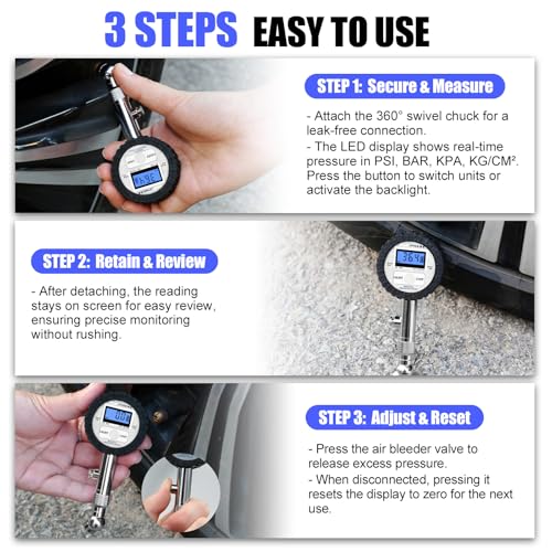 1.5'' Digital Tire Pressure Gauge, LED Display with 360° Swivel Chuck, High-Precision Air Pressure Gauge for Tires, 100 PSI for Trucks, RVs, Motorcycles, and Heavy-Duty Applications - size: 1.5" Digital LED - 100 PSI