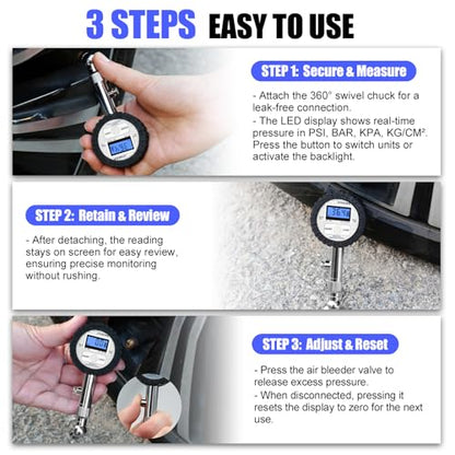 1.5'' Digital Tire Pressure Gauge, LED Display with 360° Swivel Chuck, High-Precision Air Pressure Gauge for Tires, 100 PSI for Trucks, RVs, Motorcycles, and Heavy-Duty Applications - size: 1.5" Digital LED - 100 PSI