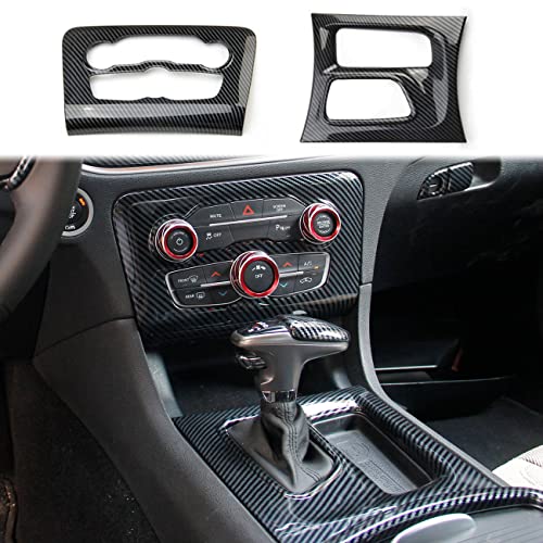crosselec Carbon Fiber Central Control AC Switch Gear Shift Panel Cover Trim 2pcs for Dodge Charger 2015-2022 - color: black 2pcs