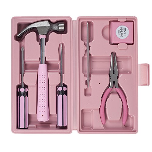 Household Tool Box - 7-Piece Handheld Tool Kit With Hammer, Phillips Screwdrivers, Long-Nose Pliers, Tweezers, and Tape Measure by Stalwart - color: Pink