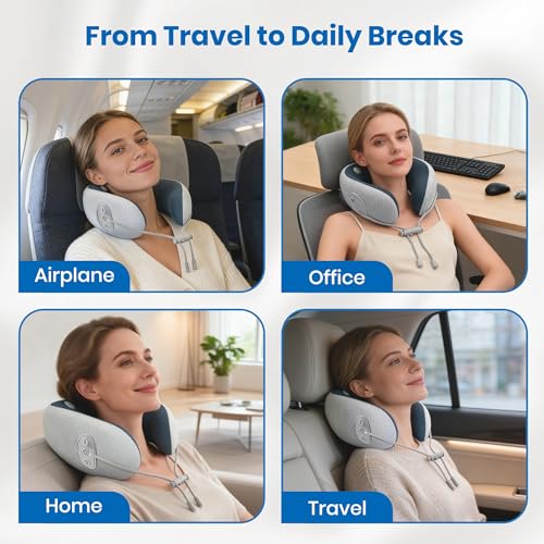 Medicane Neck Travel Pillow with Massage, Neck Pillows with Heat & Gentle Vibration Massage with Ergonomic Foam, Perfect for Airplane, Car, Office, Home, Pain Relief,Sleeping,Traveling,Long Flight - color: Blue