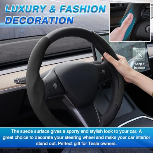 Shademax Custom-Fit for Tesla Steering Wheel Cover, Tesla Model Y 2020-2025 /Model 3 2017-2023Suede Steering Wheel Cover Protector, Non-Slip, Model Y/3 Accessories (Black) - color: Black