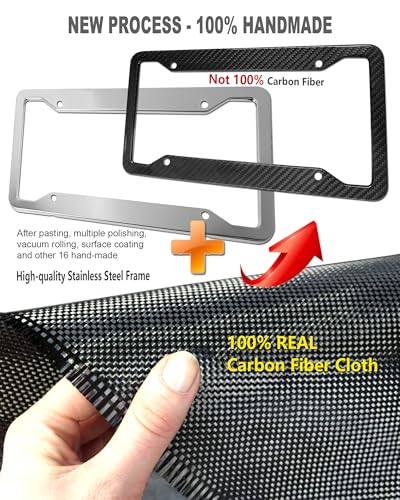 Aootf Carbon Fiber License Plate Frames- 100% Real Carbon Cloth Wrapped Stainless Steel Car Tag Holder, 2 Pack Wide Edge Black Covers with Anti Theft Screws Caps, 4 Hole - style: Wide Edge-4 Hole