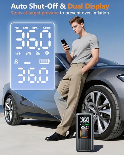 Tire Inflator Portable Air Compressor, 150 PSI Rechargeable Air Pump with Digital Pressure Gauge and LED Light, Smart Auto-Off Tire Pump for Car, Motorcycle, Bike, Ball