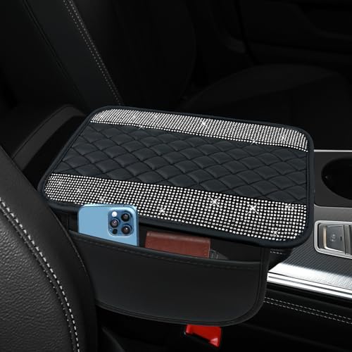Bling Leather Car Center Console Cover, 12.2"×7.48" Crystal Rhinestone Automotive Arm Rest Cover with Side Pockets, Universal Vehicle Armrest Protector, Interior Car Accessories (White) - color: White