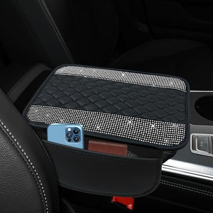 Bling Leather Car Center Console Cover, 12.2"×7.48" Crystal Rhinestone Automotive Arm Rest Cover with Side Pockets, Universal Vehicle Armrest Protector, Interior Car Accessories (White) - color: White