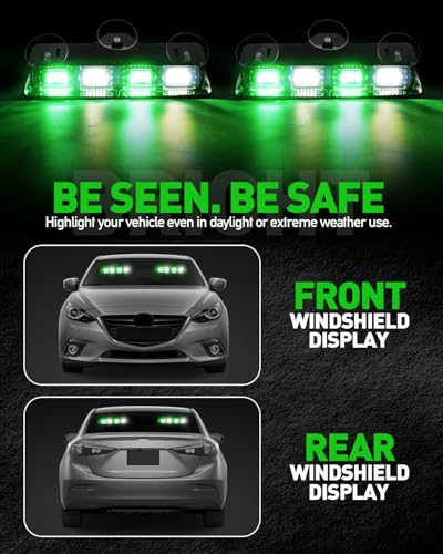 HLauto 2002L Emergency Dash Strobe Lights: Green White Safety Lights, Flashing Warning Hazard Windshield Visor Traffic Light Bars for Trucks, Construction Vehicles (2x8.5 inch, 48LED) - color: Green/White
