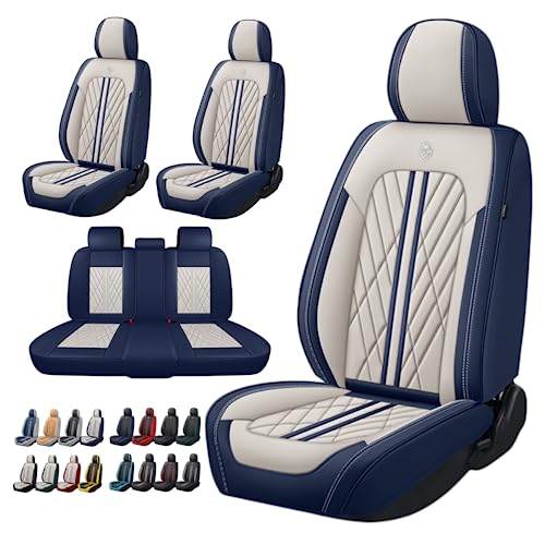 Universal Fit Waterproof Breathable Nappa Leather Automotive Vehicle Car Seat Covers Set Cushion Protector for Sedan SUV - color: Beige Blue, size: Full Set 5 Seats