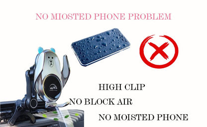 Phone Mount for Car Wireless Charger Auto Clamping with Rotatable Vent Clip Cute Bear for iPhone Samsung Andriod Phone - style: Silver bear