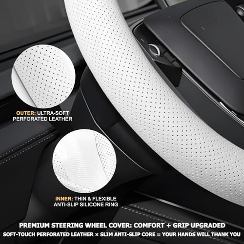 Microfiber Leather Universal 14.5-15 inch Steering Wheel Cover,Easy to Install Non-Slip Breathable Steering Wheel Protector White - color: White