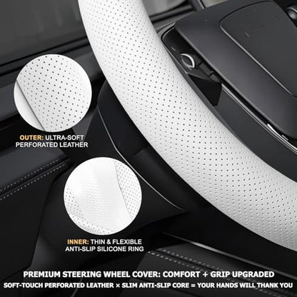 Microfiber Leather Universal 14.5-15 inch Steering Wheel Cover,Easy to Install Non-Slip Breathable Steering Wheel Protector White - color: White