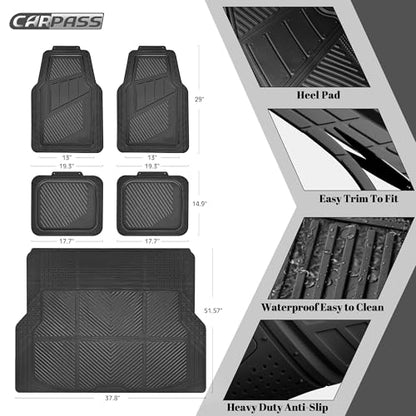 CAR PASS Heavy Duty Rubber Floor Mats Gray Car Mats Full Set with Trunk Cargo Liner - Universal Waterproof Floor Mats for Car SUV Truck, Durable All Weather Automotive Liner Mats (All Black) - color: Black Cargo Liner