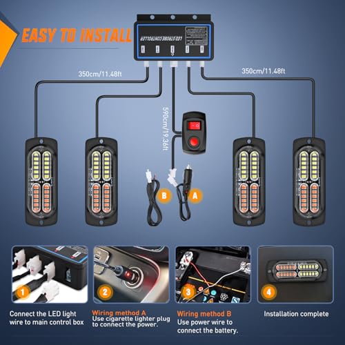 Nilight 4PCS LED Strobe lights 12V 24V Sync Feature Red White 24LED Emergency Hazard Warning Lights with Controller Hard Wire or Cigarette Lighter Plug for Car Truck RVs Campers - color: Red White w/Controller