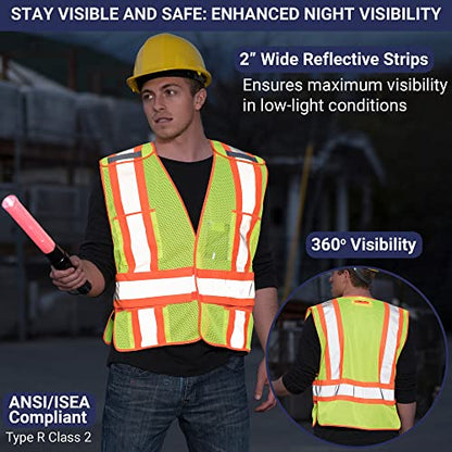 High Visibility Safety Vest – ANSI Class 2 Breakaway Vest with 5 Pockets, Yellow with Adjustable Hook and Loop Closure, Breathable Mesh, Heavy Duty Work Wear for Men or Women, 3 Pack (Medium/Large) - size: Medium-Large