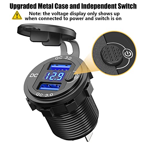 Cigarette Lighter Socket 12V Splitter with Rocker Toggle Switch, Dual Quick Charge 3.0 Aluminum Metal 12 Volt USB Outlet with LED Voltmeter, Waterproof Cigarette Lighter Adapter Female Socket Plug DC