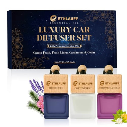 Car Air Freshener Hanging, 3 Pcs Cotton Fresh, Fresh Linen, Cardamom & Cedar, Car Scent Air Fresheners Diffuser for Car, 45+ days Long Lasting Fragrance, 0.27 FL OZ/8ML