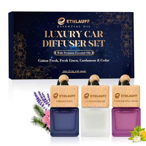 Car Air Freshener Hanging, 3 Pcs Cotton Fresh, Fresh Linen, Cardamom & Cedar, Car Scent Air Fresheners Diffuser for Car, 45+ days Long Lasting Fragrance, 0.27 FL OZ/8ML