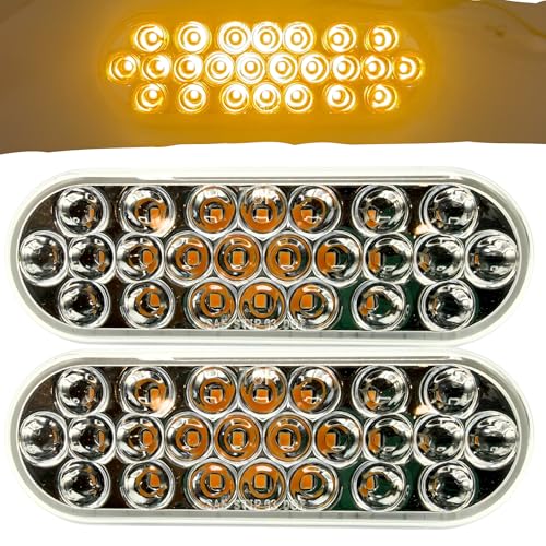 6" Oval LED Recessed Amber Strobe Light/Clear Lens, 24 LED DOT/SAE Approved & Marked, Waterproof, Super Bright High Powered Strobe Towing Construction Truck (2pc Without Grommet + 3 Wire Pigtail Plug) - size: 2pc Without Grommet (Clear Lens)