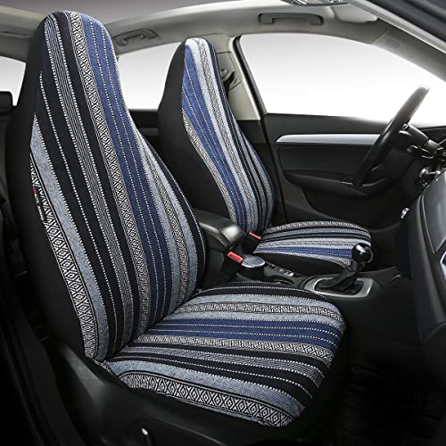 Baja Saddle Blanket Car Seat Covers 2PCS Front, Breathable and Washable Striped Woven Automotive Vehicle Seat Cover, Universal Seat Cover for Sedan, SUV, Truck, Airbag Compatible - color: High Back Blue Baja, size: Front