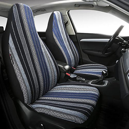 Baja Saddle Blanket Car Seat Covers 2PCS Front, Breathable and Washable Striped Woven Automotive Vehicle Seat Cover, Universal Seat Cover for Sedan, SUV, Truck, Airbag Compatible - color: High Back Blue Baja, size: Front
