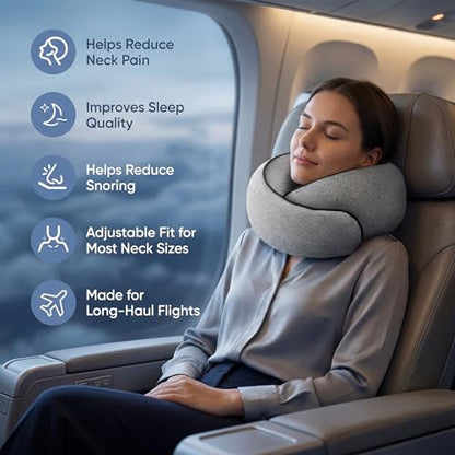 Memory Foam Neck Travel Pillow – 360° Adjustable Support, Breathable Washable Cover, Eye Mask & Earplugs, Carry Bag – Compact Airplane Pillow for Plane/Car/Train/Office (Grey)