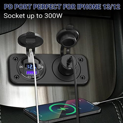Cigarette Lighter Socket 12 Volt USB Outlet: PD 20W C and QC3.0 Car Port Aluminum Metal 12V Plug, 150W Charger Panel with Power Switch LED Voltmeter for Marine Boat RV Golf Cart - color: 2 in 1 - voltmeter