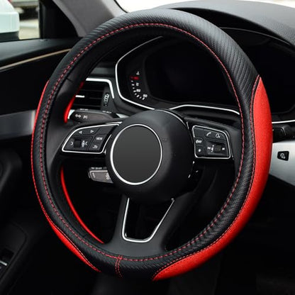 LABBYWAY Microfiber Leather Auto Car Steering Wheel Cover, Universal 15 Inch Anti-Slip Wheel Protector, Red - color: Fiber Red