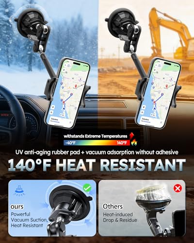 Heavy Duty Phone Mount for Truck, Suction Cup Windshield Car Phone Holder, Ultra-Durable Mteal Car PhoneHolder for F- 150 RAM Silverado Kenworth Peterbilt Freightliner, 360° Anti-Shake Car Phone Mount - style: Extended black