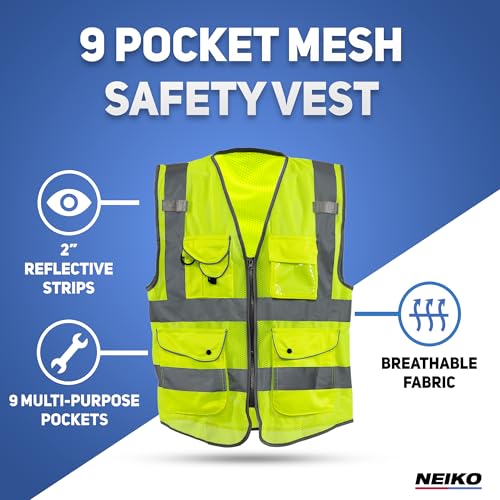 Neiko High Visibility Safety Vest ANSI Class 2, 9 Pockets - size: XX-Large, style: Mesh