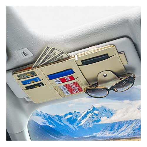 Car Sun Visor Organizer, Leather Storage Pocket Sun Visor Pouch with Zipper for Cards License Registration Pen Glasses Document, Fits Most Car SUV, Auto Interior Accessories for Men Women (Beige) - color: Beige