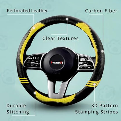 Iwantit® Steering Wheel Covers with Leather and Anti-Slip Rubber Ring, Universal Fit 14.5-15 inches for Cars,SUV (Yellow/Black) - color: 006-Yellow/black