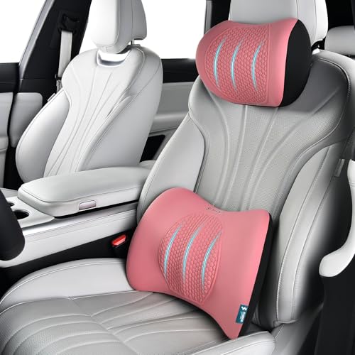 FLORICH Lumbar Support with Car headrest Back Pillow for Chair Headrest Pillow with Gel Memory Foam Massage Point Memory Foam Back Pillow for Office Chair(Pink) - color: Pink, size: Lumbar+headrest