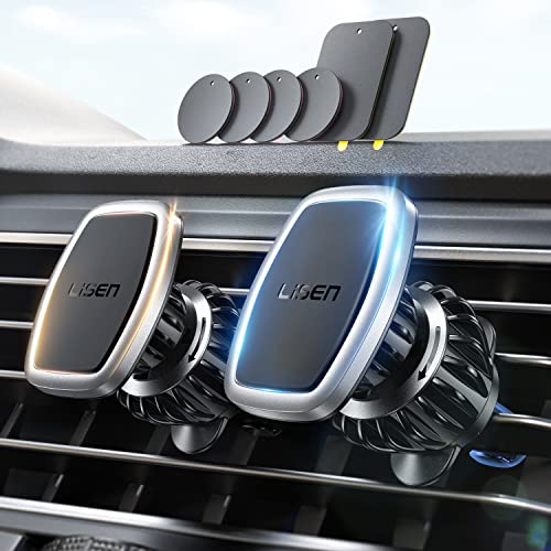 LISEN 2 Pack Magnetic Phone Holder for Your Car - 6 Military Magnets Vent Cell Phone Mount (Silver) - color: Sliver