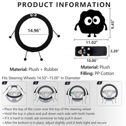 Car Headrest Pillow & Steering Wheel Cover Set with Cute Big-Eyed Furball Travel Neck Support Pillow Fur Car Interior Accessory (Black 5Pcs Set) - color: Black 5pcs Set