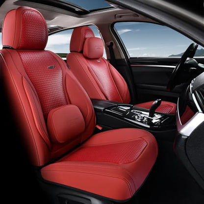 Coverado Seat Covers, Car Seat Covers Front Seats, Waterproof Nappa Leather Auto Seat Cover with Lumbar Head Pillow, Red Seat Covers Carseat Cover Universal Fit for Most Cars - color: Red（Pillow）, size: Front