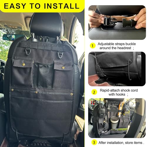 Black Car Seat Back Organizer with Multiple Pockets and Hooks - color: black