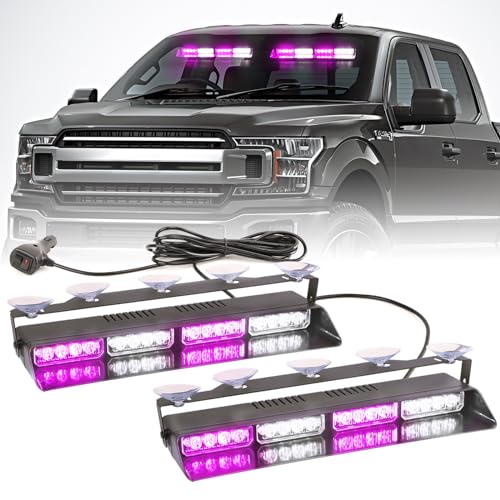 2 in 1 LED Emergency Dash Strobe Light Bar Front/Rear Windshield Safety Flashing Warning Hazard Interior Lights for Funeral Escort Construction Vehicles Trucks (2x14 inch, Purple/White) - color: #07 Purple/White
