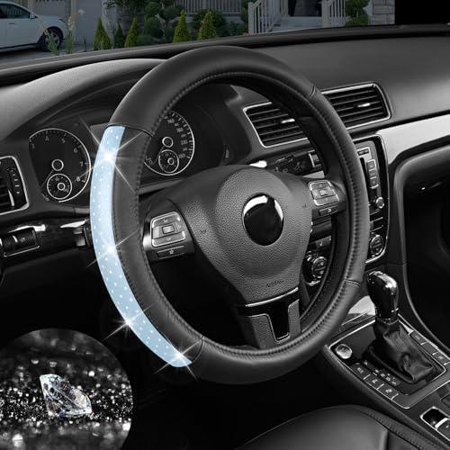 Road Comforts Bling Steering Wheel Cover for Women Girls, Sparkly Rhinestone Leather, Diamond Car Accessories, Anti-Slip Thick Soft Grip, Universal 14.5–15 Inch, for Her - color: Blue