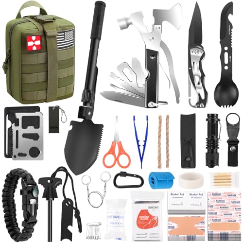 Gifts for Men Christmas Dad, Survival Kit, 150 PCS Survival Gear and Supplies Equipment with Trauma Bag, Molle Pouch Emergency Kit for Outdoor Camping, Hunting, Car, Home, Earthquake, Adventures - color: Green