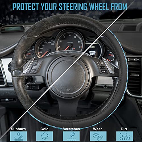 CAR PASS Mint Diamond Black Leather Steering Wheel Cover, Bling Blue Crystal Rhinestones Universal Fit 14"1/2-15" Crystal Glitter for Women Sparkle Girl Fit Suvs,Vans,Sedans,Cars,Trucks, Mint Diamond - color: Mint Diamond