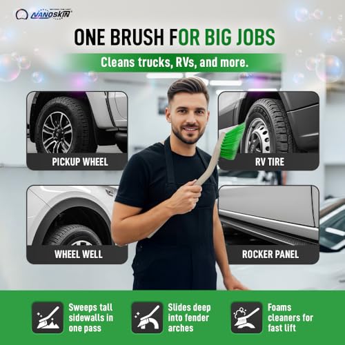 Nanoskin Professional 20-Inch Angled Tire & Wheel Cleaning Brush - Durable Green Polystyrene Bristles for Effective Auto Detailing, Gentle Car Wash Tool | Long-Handled Scrub Brush for Trucks and RVs - size: 20"