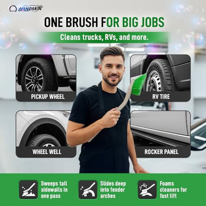 Nanoskin Professional 20-Inch Angled Tire & Wheel Cleaning Brush - Durable Green Polystyrene Bristles for Effective Auto Detailing, Gentle Car Wash Tool | Long-Handled Scrub Brush for Trucks and RVs - size: 20"